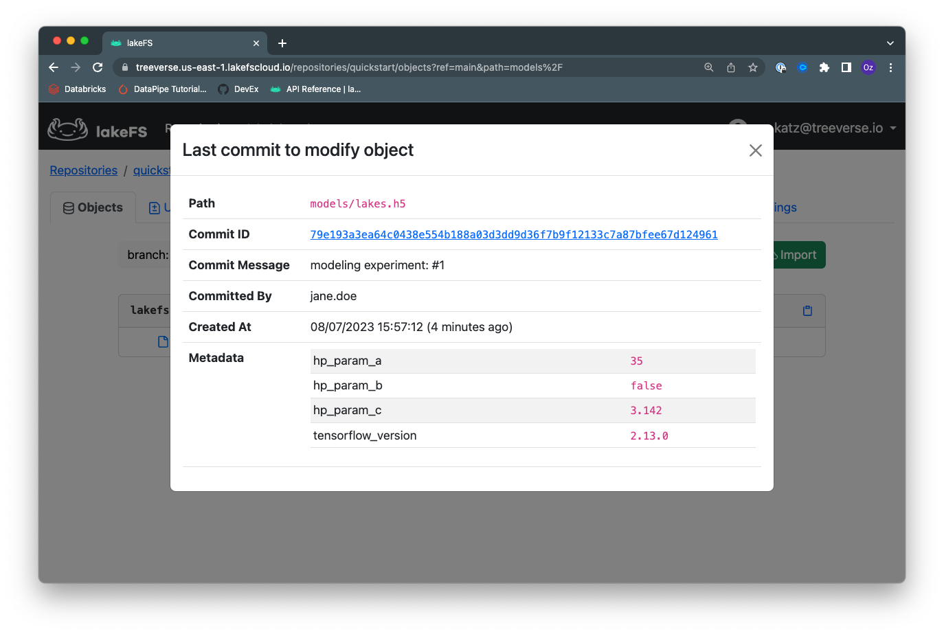Last commit to modify object in the lakeFS UI