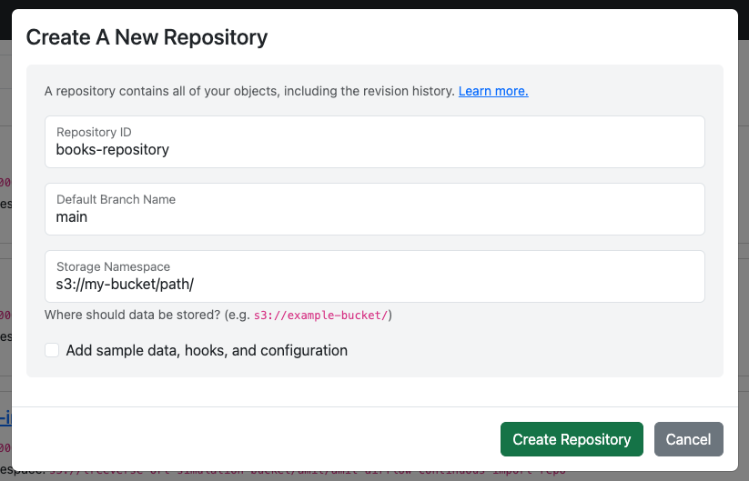 Create a new repository on lakeFS