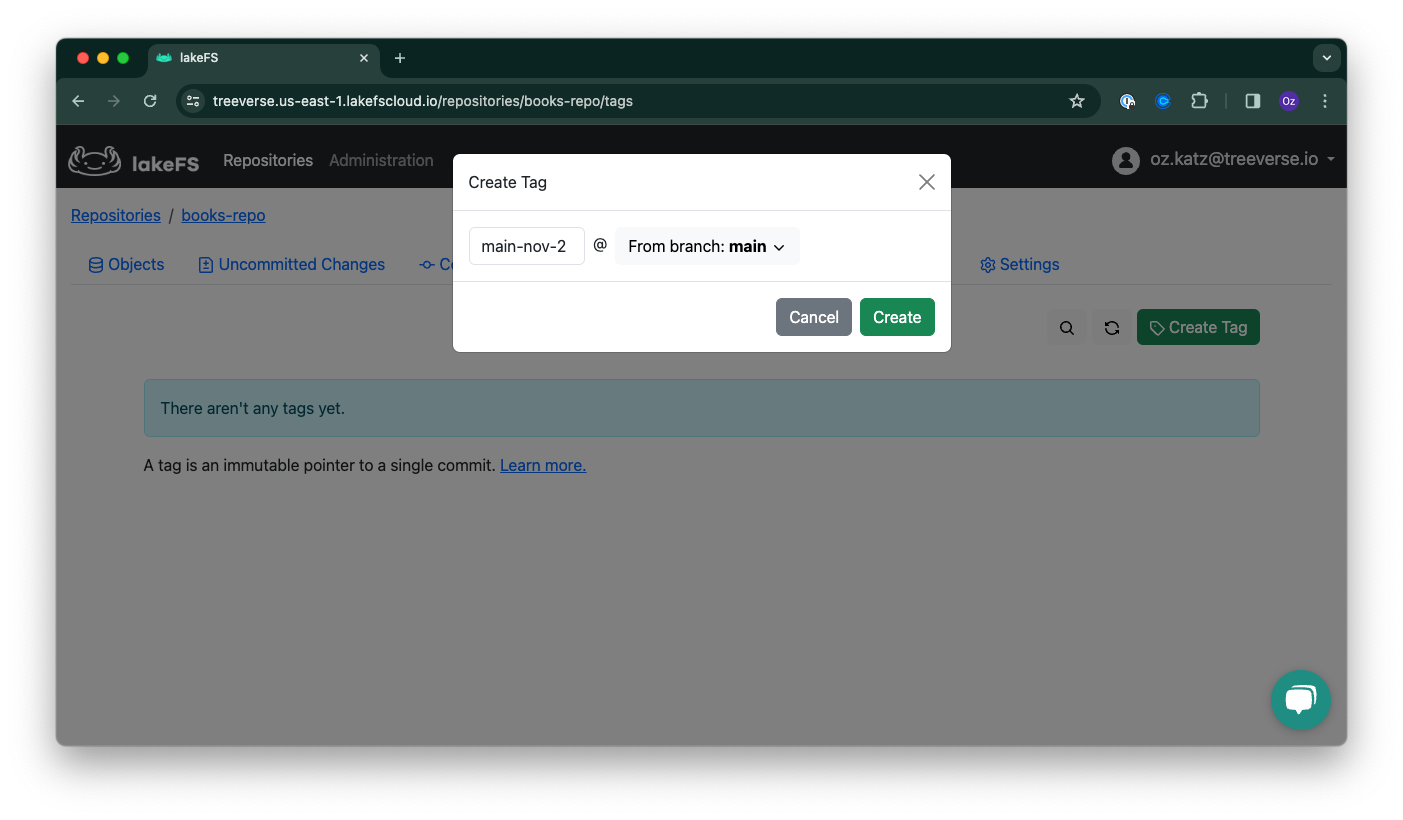 LangChain lakeFS Loader: Create new tag to read data 